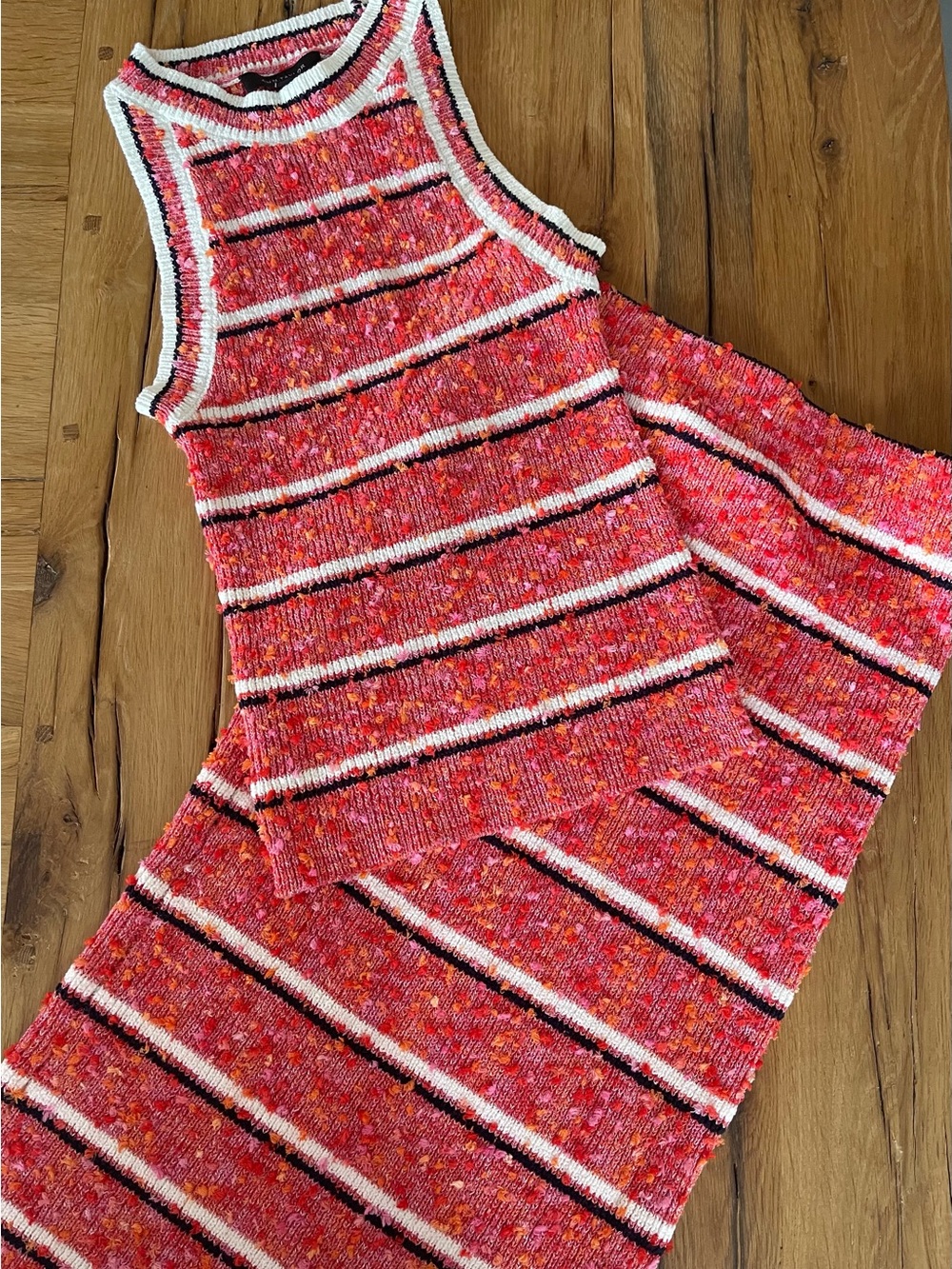Ann Taylor Striped Knit Tank and Skirt Set in Bright Coral Pink, red and orange